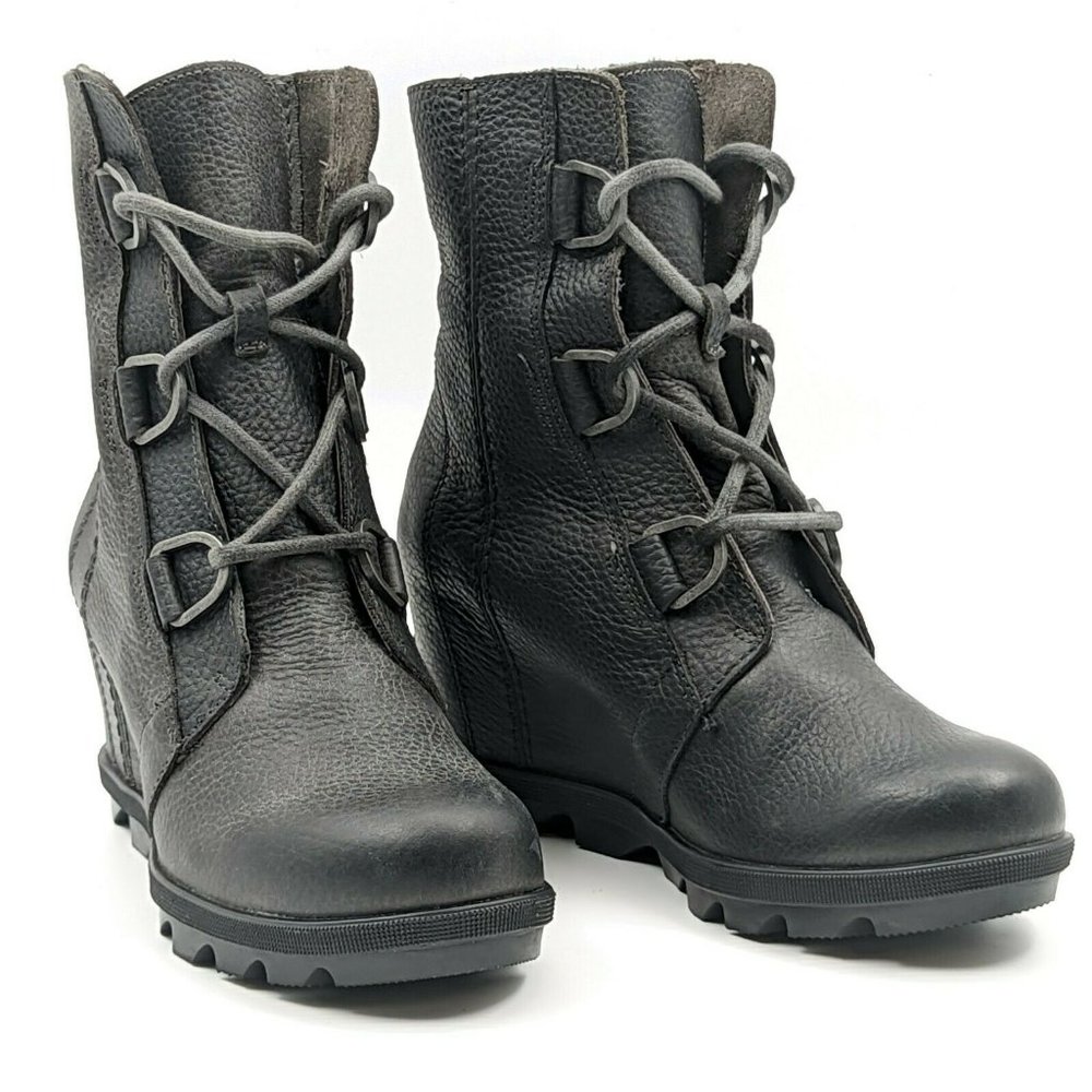 Sorel Women Joan Of Arctic Wedge II Black Leather Ankle Boots Sz 7.5M NEW